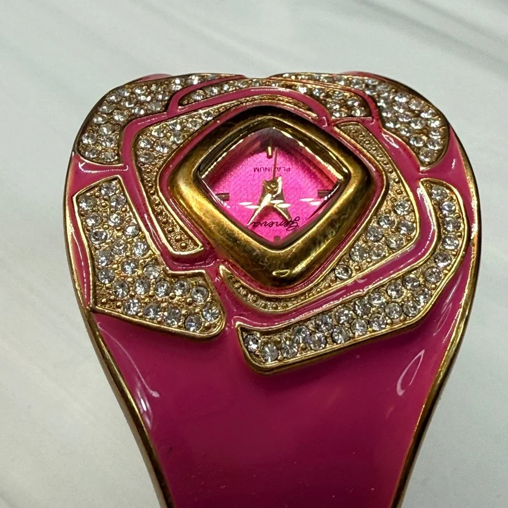 Geneva Platinum Pink Enamel Rhinestone Floral Cuff Watch 8663 Gold Tone